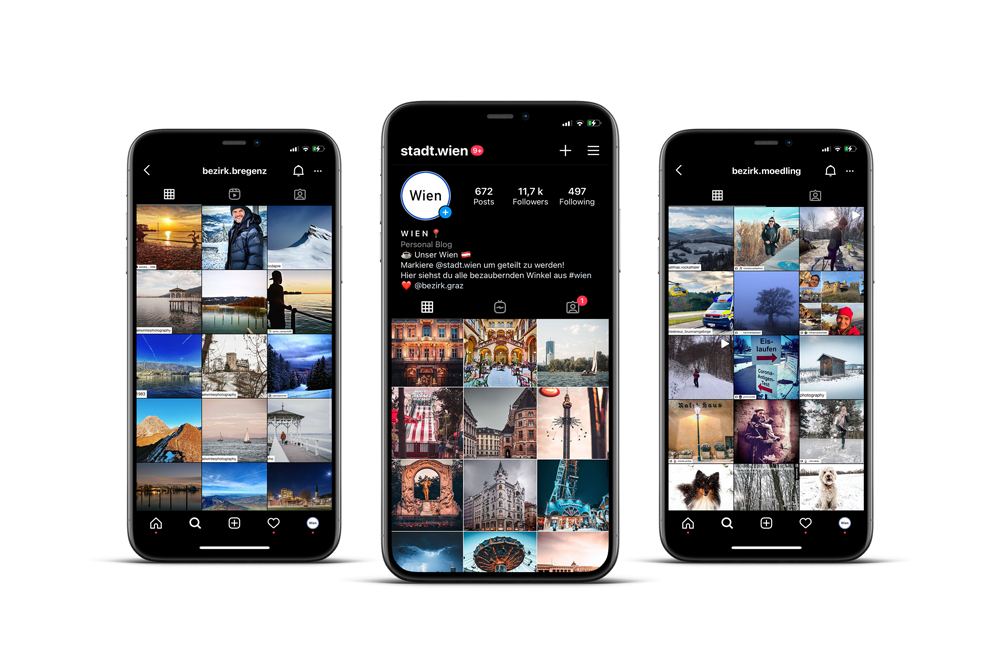 Drei Smartphones mit Instagram-Profilen der Österreichs Bezirke Blogs