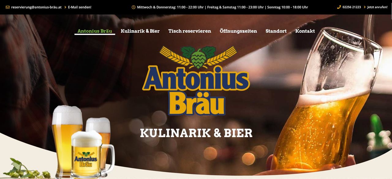 Startseite der Website Antonius Bräu, gestaltet von EXIMIE